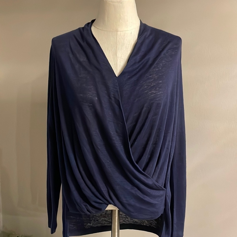 STELLA & DOT linen blend faux wrap high low blouse relaxed lightweight navy XS